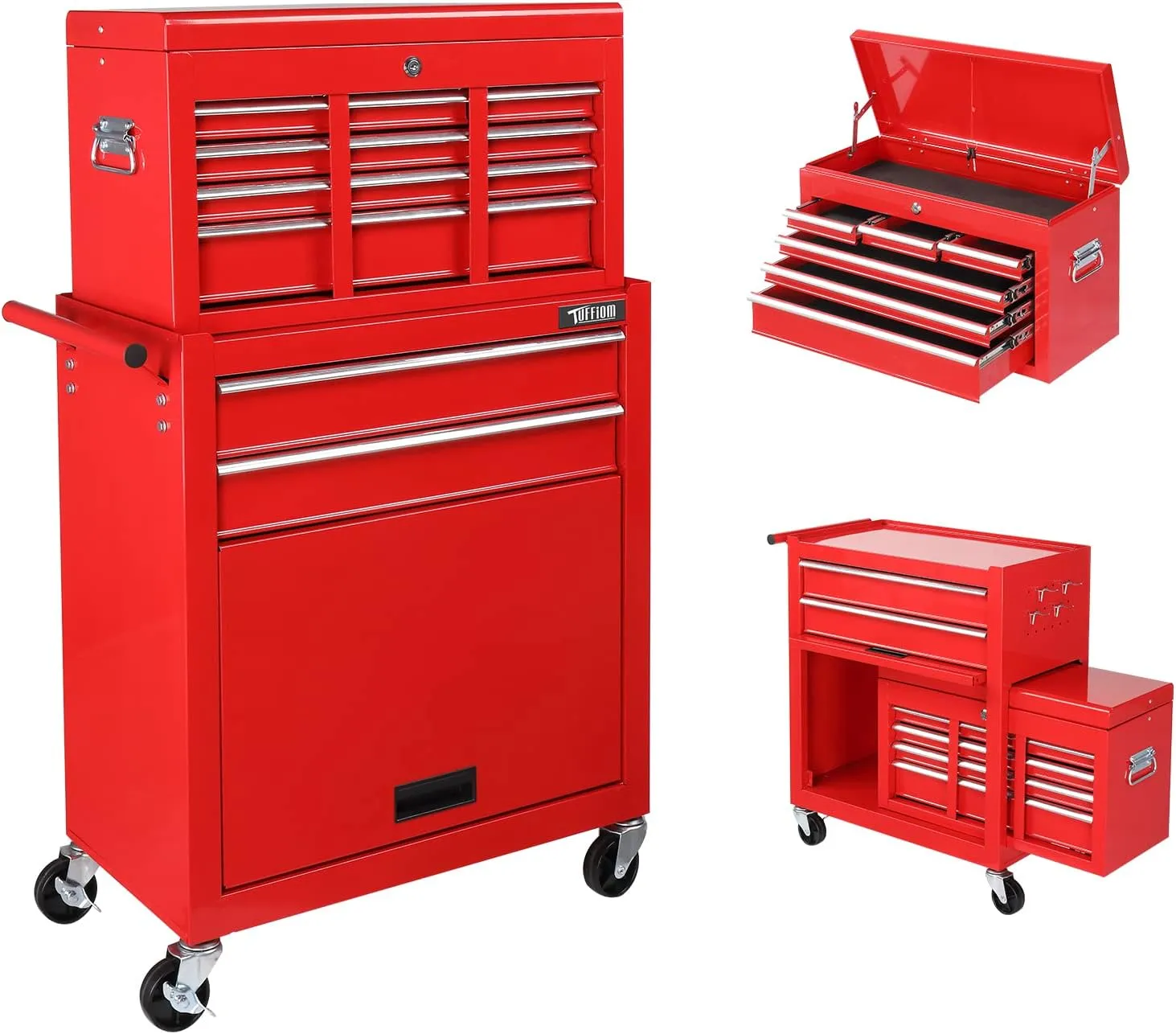TUFFIOM 8-Drawer Rolling Tool Chest, Tool Storage Cabinet w/Lockable Wheels, Detachable Top, Drawers & Side Hooks, Mechanic Tool Organizer Box for Garage Warehouse Repair Shop
