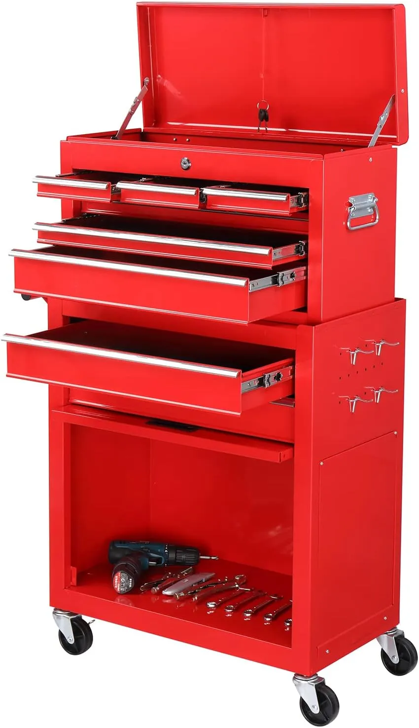 TUFFIOM 8-Drawer Rolling Tool Chest, Tool Storage Cabinet w/Lockable Wheels, Detachable Top, Drawers & Side Hooks, Mechanic Tool Organizer Box for Garage Warehouse Repair Shop