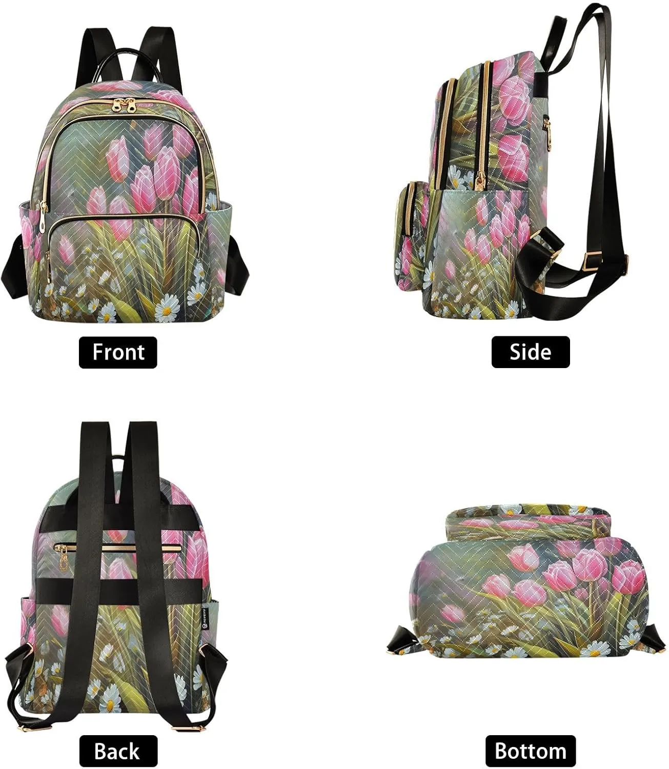 Tulips Daisies Floral Green Backpack Purse for Women Small Backpack Purse with Anti-theft Back for Women Trips M