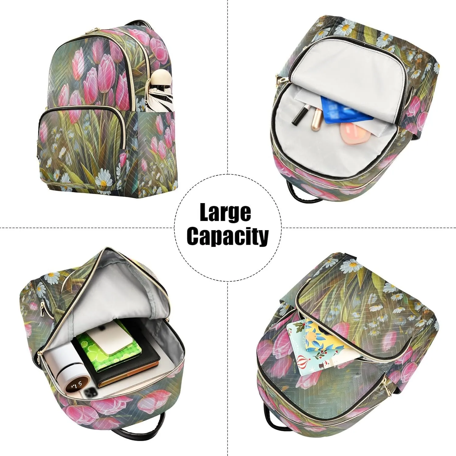 Tulips Daisies Floral Green Backpack Purse for Women Small Backpack Purse with Anti-theft Back for Women Trips M