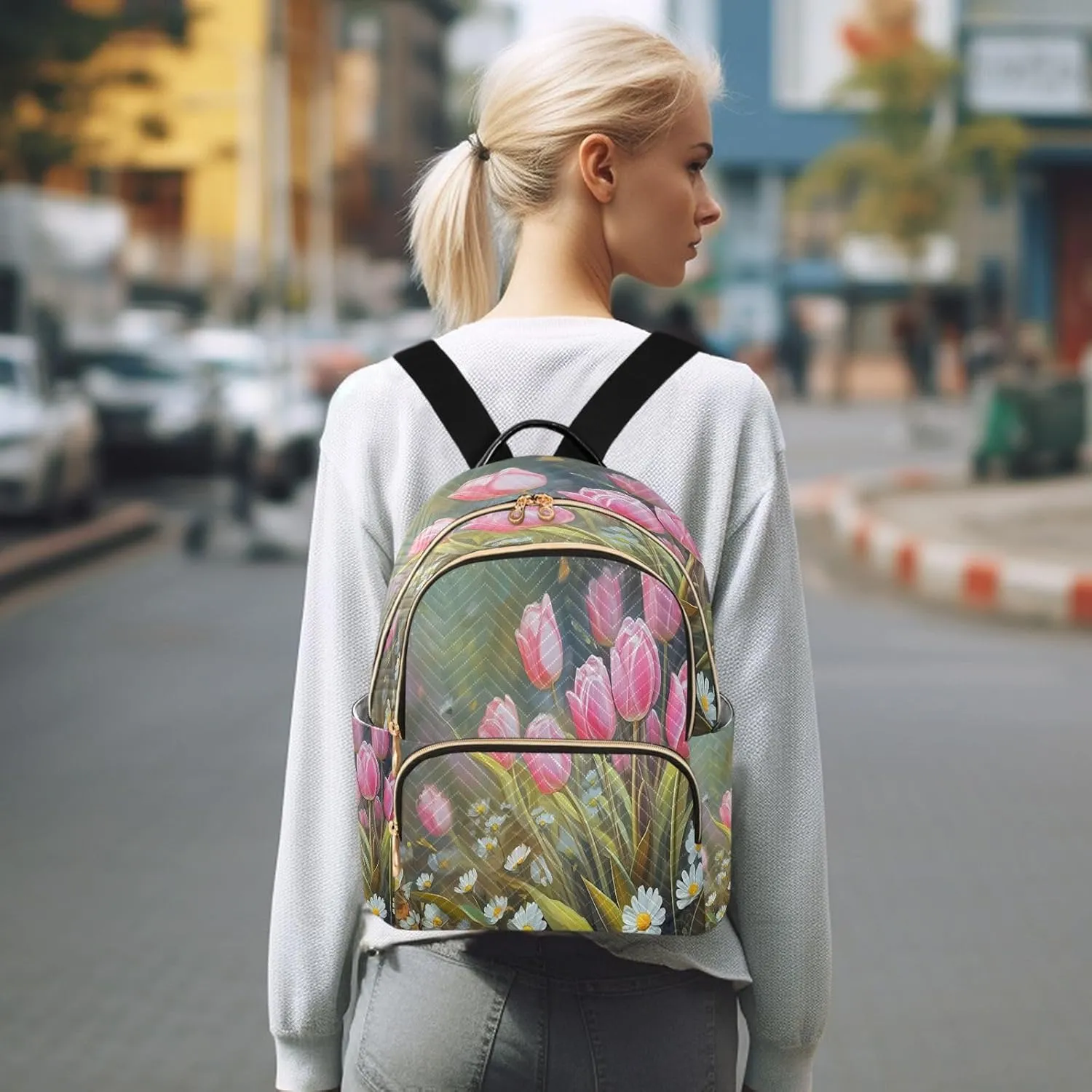 Tulips Daisies Floral Green Backpack Purse for Women Small Backpack Purse with Anti-theft Back for Women Trips M