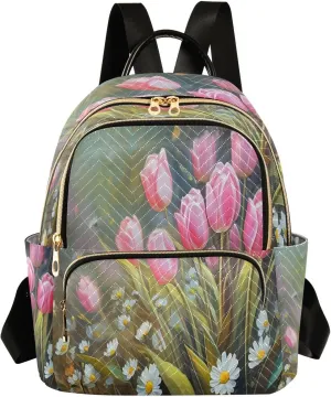 Tulips Daisies Floral Green Backpack Purse for Women Small Backpack Purse with Anti-theft Back for Women Trips M