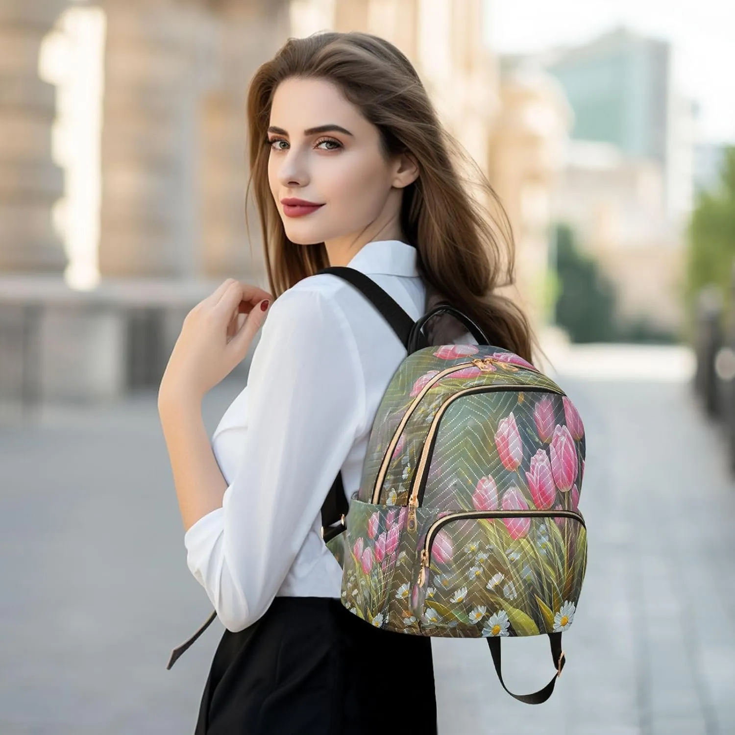Tulips Daisies Floral Green Backpack Purse for Women Small Backpack Purse with Anti-theft Back for Women Trips M