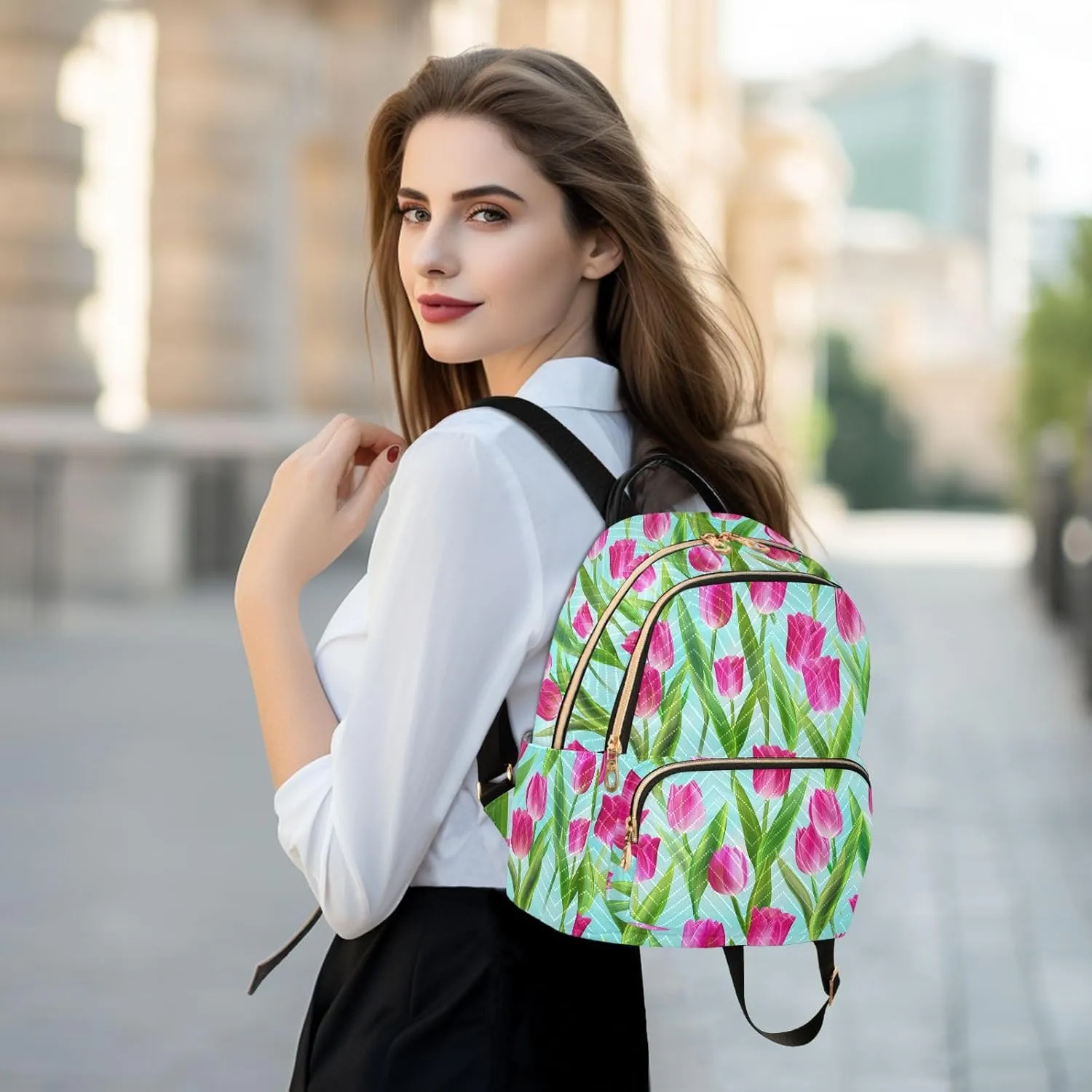 Tulips Leaves Floral Blue Backpack Purse for Women Bookbag Purse with Anti-theft Back for School Work S