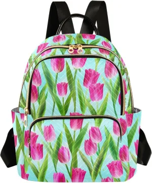 Tulips Leaves Floral Blue Backpack Purse for Women Bookbag Purse with Anti-theft Back for School Work S