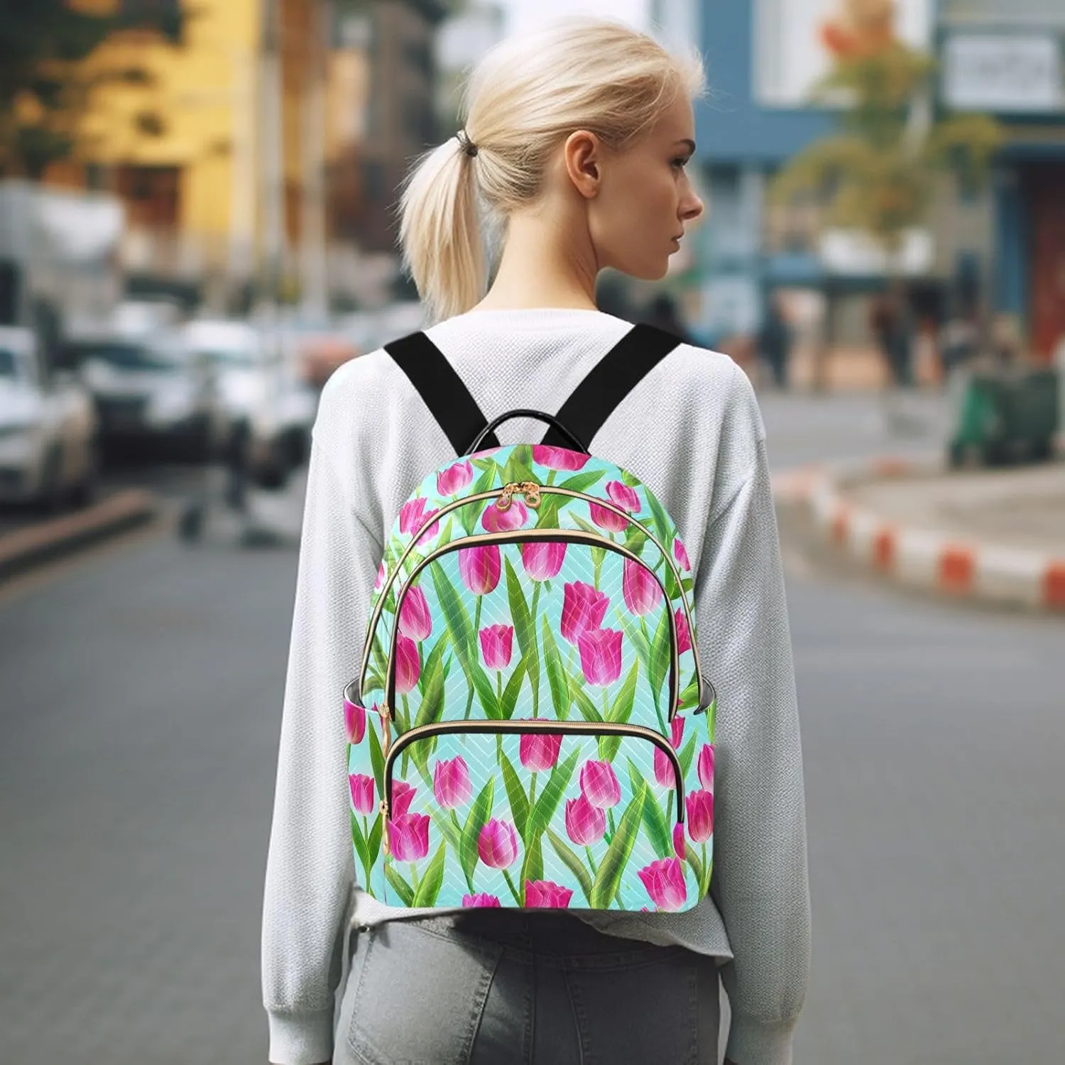 Tulips Leaves Floral Blue Backpack Purse for Women Bookbag Purse with Anti-theft Back for School Work S