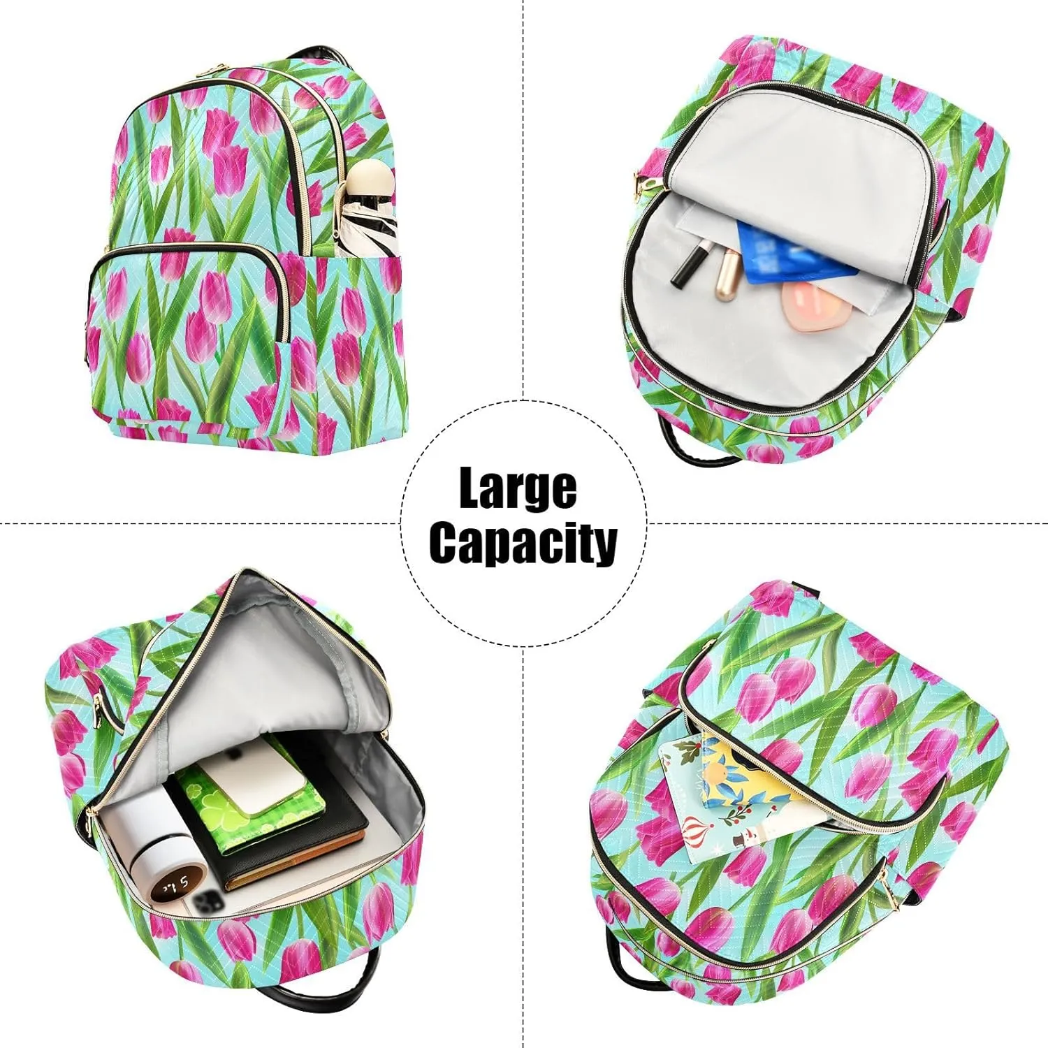 Tulips Leaves Floral Blue Backpack Purse for Women Bookbag Purse with Anti-theft Back for School Work S
