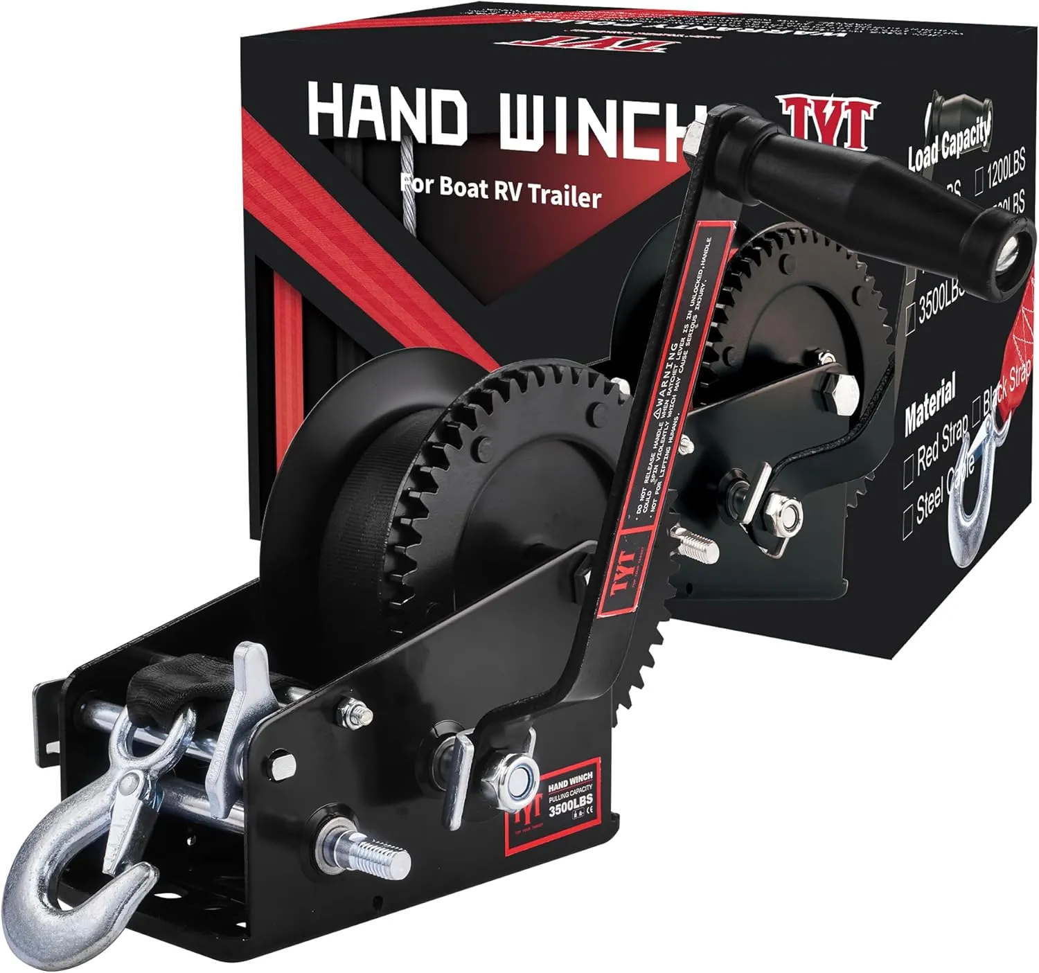 TYT 3500LB Boat Trailer Strap Winch with 10M Black Polyster Strap, Hardened Steel 2 Gear Ratio 4:1/8:1 Hand Crank Winch with Heavy Duty Hook for Towing Boat Trailer RV Jet Ski Marine Manual Winch