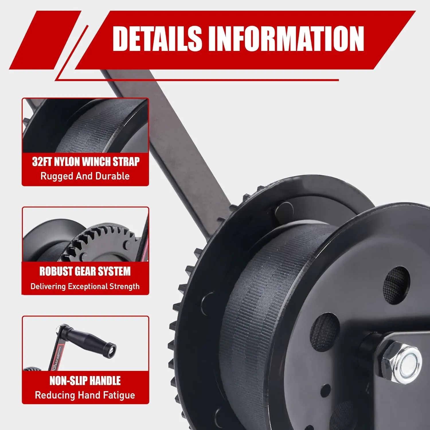 TYT 3500LB Boat Trailer Strap Winch with 10M Black Polyster Strap, Hardened Steel 2 Gear Ratio 4:1/8:1 Hand Crank Winch with Heavy Duty Hook for Towing Boat Trailer RV Jet Ski Marine Manual Winch