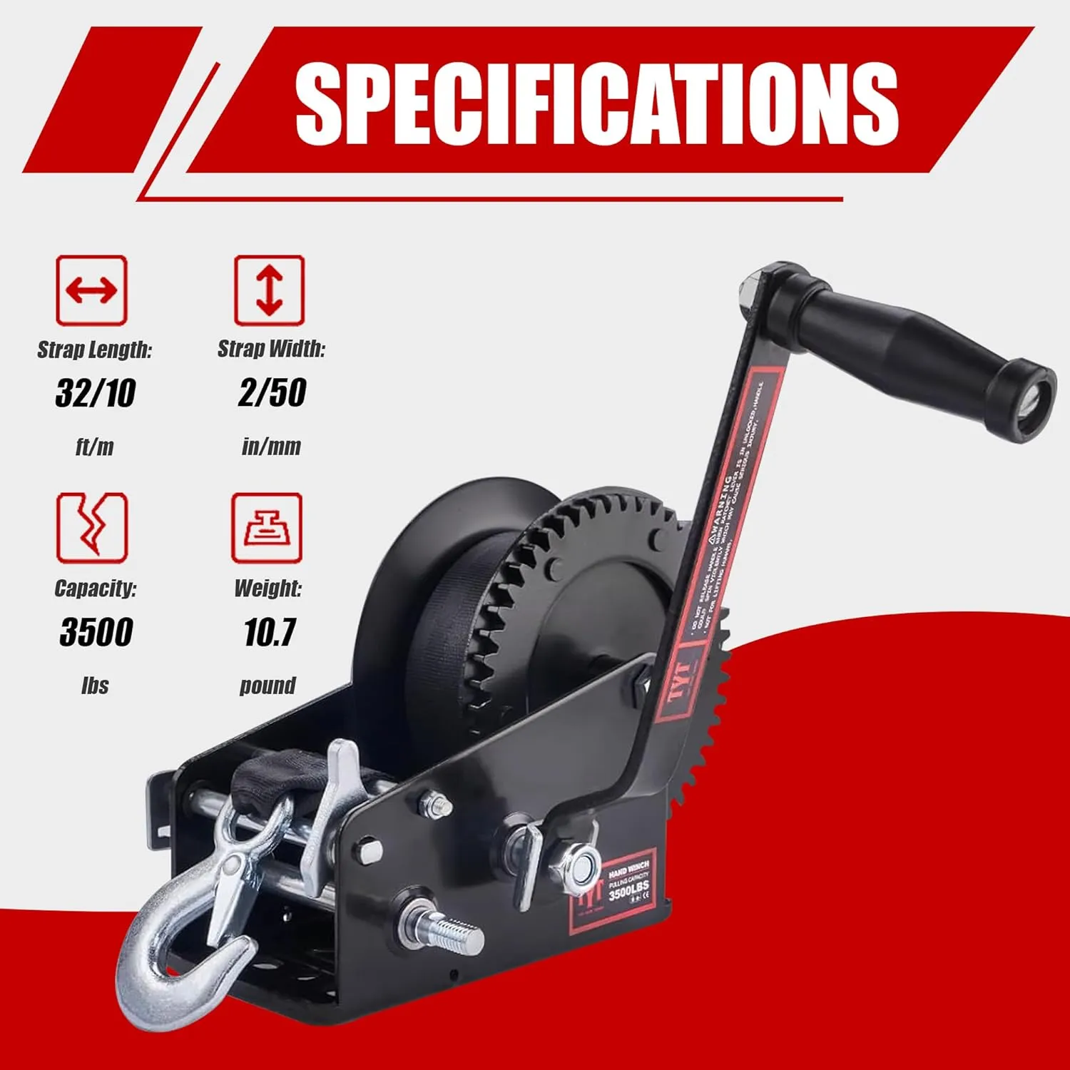 TYT 3500LB Boat Trailer Strap Winch with 10M Black Polyster Strap, Hardened Steel 2 Gear Ratio 4:1/8:1 Hand Crank Winch with Heavy Duty Hook for Towing Boat Trailer RV Jet Ski Marine Manual Winch