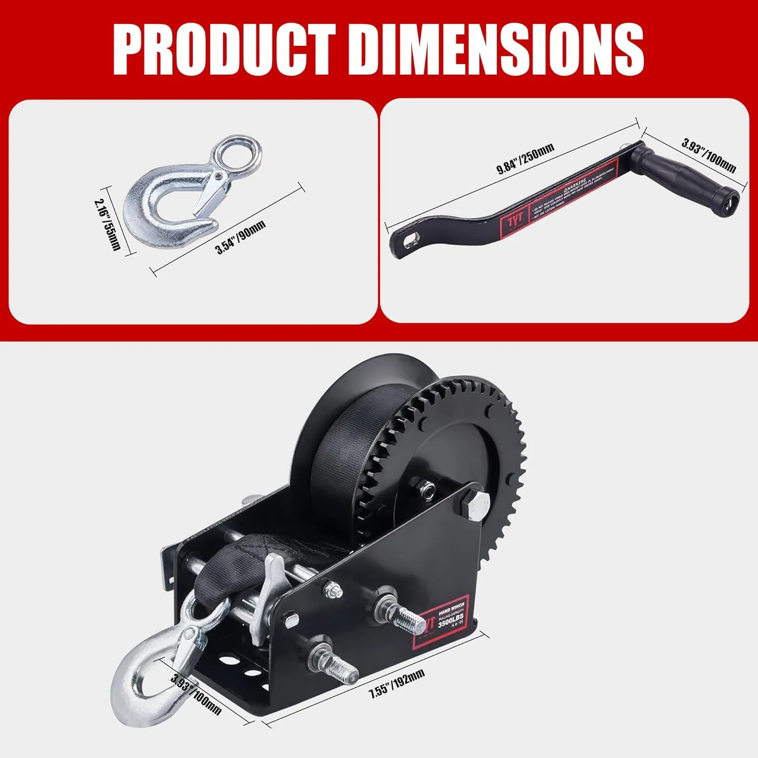TYT 3500LB Boat Trailer Strap Winch with 10M Black Polyster Strap, Hardened Steel 2 Gear Ratio 4:1/8:1 Hand Crank Winch with Heavy Duty Hook for Towing Boat Trailer RV Jet Ski Marine Manual Winch