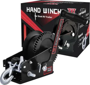 TYT 3500LB Boat Trailer Strap Winch with 10M Black Polyster Strap, Hardened Steel 2 Gear Ratio 4:1/8:1 Hand Crank Winch with Heavy Duty Hook for Towing Boat Trailer RV Jet Ski Marine Manual Winch
