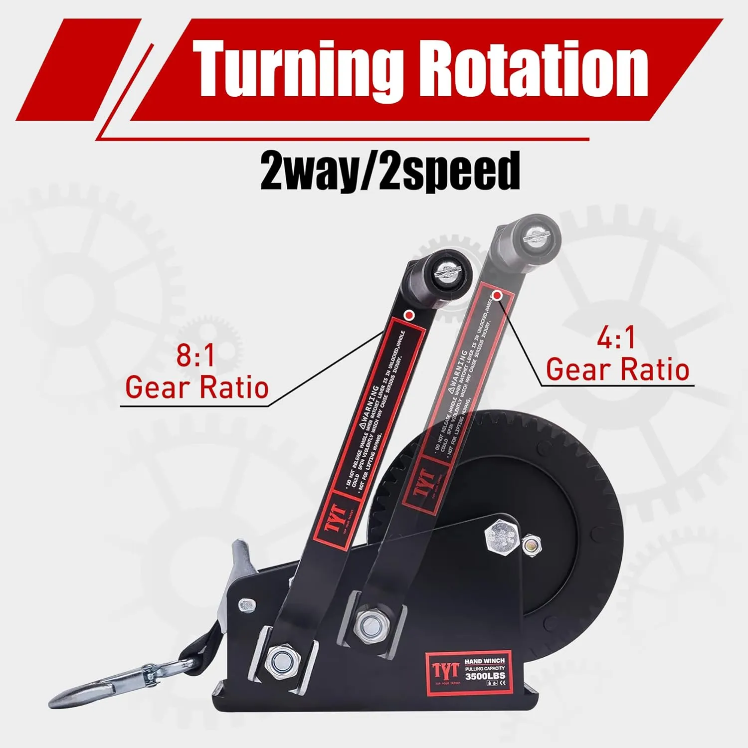 TYT 3500LB Boat Trailer Strap Winch with 10M Black Polyster Strap, Hardened Steel 2 Gear Ratio 4:1/8:1 Hand Crank Winch with Heavy Duty Hook for Towing Boat Trailer RV Jet Ski Marine Manual Winch