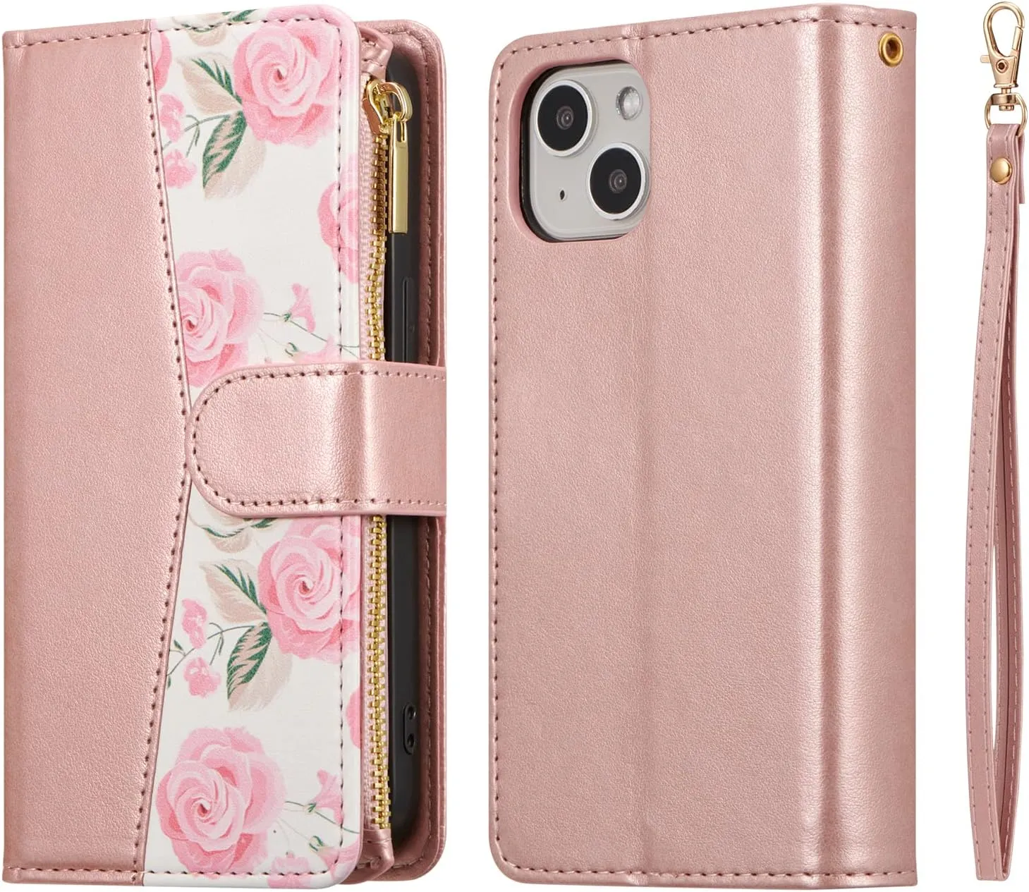UEEBAI Wallet Case for iPhone 15 6.1 inch, High-End PU Leather Magnetic Handbag Zipper Pocket Case Kickstand Card Holder Slots Wrist Strap TPU Shockproof Rose Flip Cover for Women - Flower Rose Gold