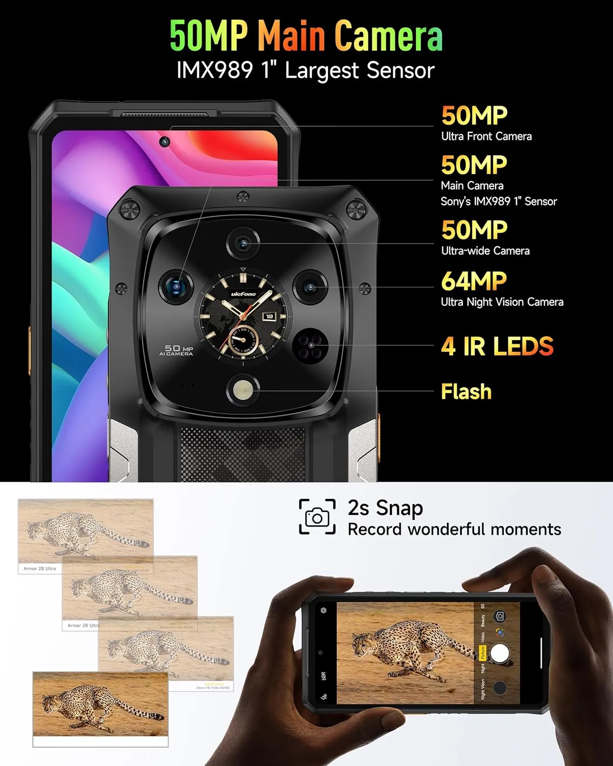 Ulefone Armor 28 Ultra 5G AI Rugged Phone, 32GB 1TB/2TB Expansion, MTK Dimensity 9300  12-Core, 6.67" AMLOD Dual Screen, 64MP 50MP 50MP Real Camera, 10600mAh/120W, IP68/IP69K, 8K Video, Widevine L1