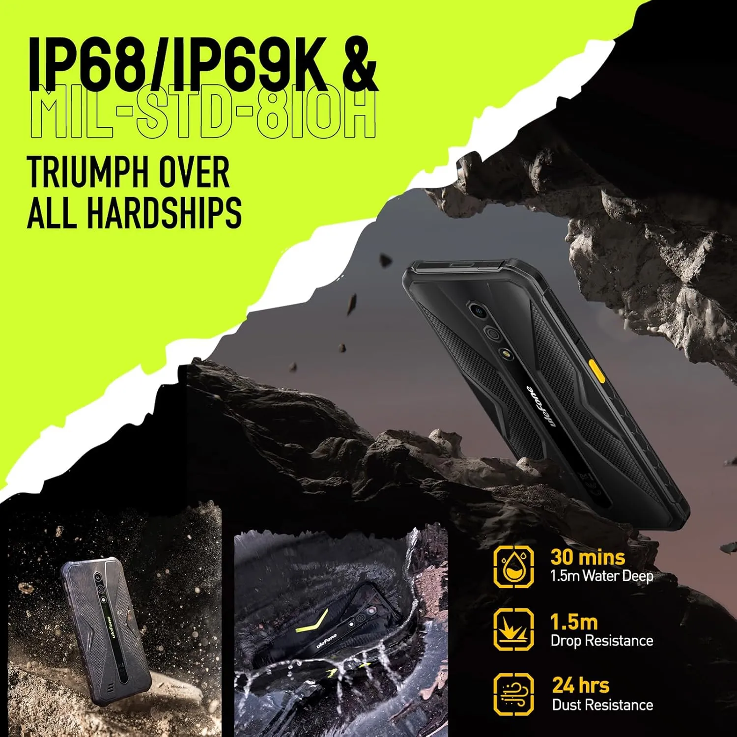Ulefone Armor X12 Rugged Smartphone, Waterproof Phones Unlocked, Octa-core Android 13, 6GB 32GB, Dual SIM Global 4G LTE, 4860mAh Battery, Face Recognition, Bluetooth, NFC, Compass - Black