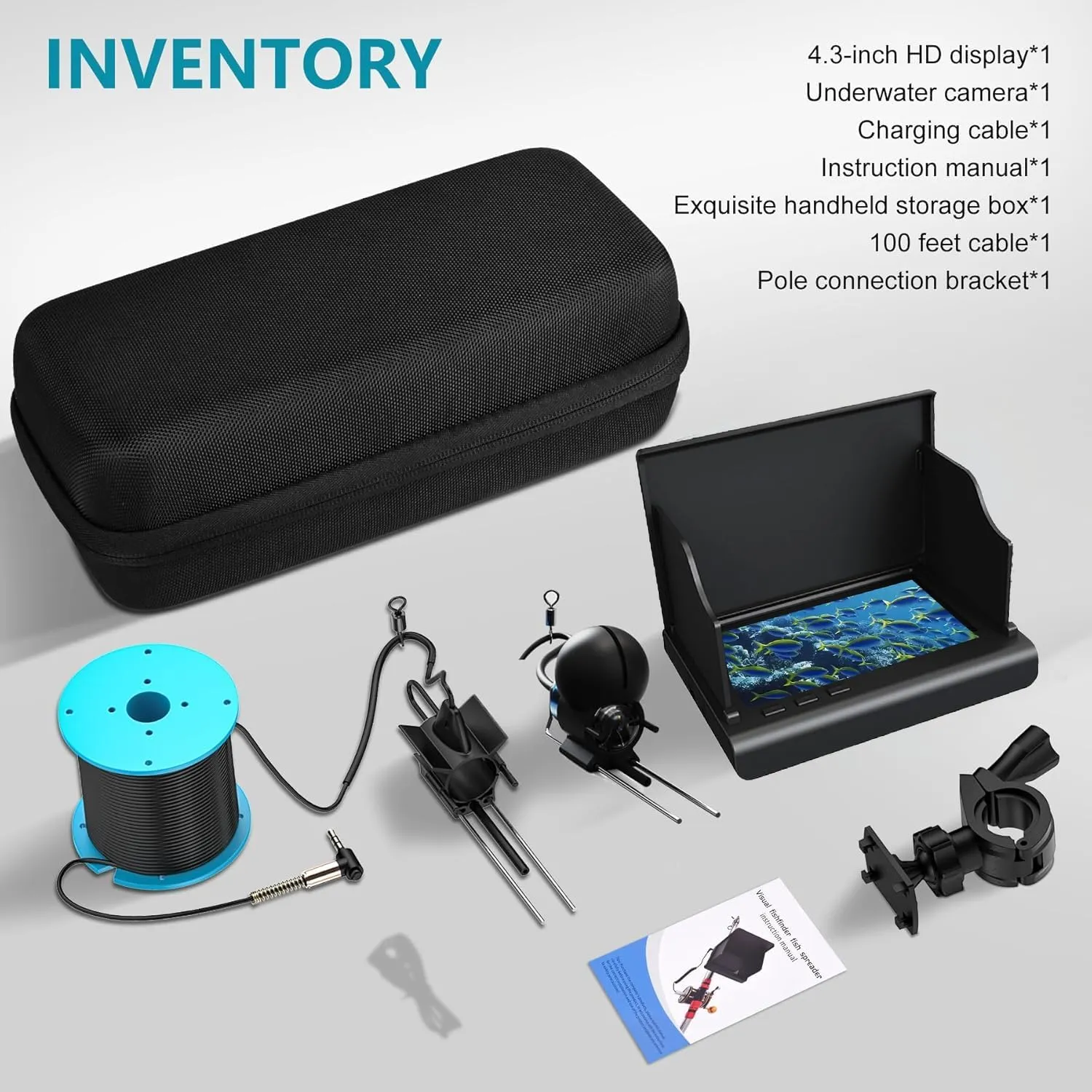 Underwater Fishing Camera with 4.3 Inch LCD, 5000mAh Battery, Infrared Night Vision Light, Portable Fish Finder with 100ft Cable for Ice Lake Boat Kayak Fishing