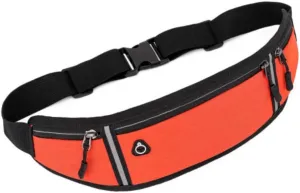 Universal Running belt with Extender, Runner Waist Pack with 3 Pockets, Hiking Travel Camp Running Workout Belt Bag, Reflective No Bounce Black Fanny Pack for Women Men (Orange)
