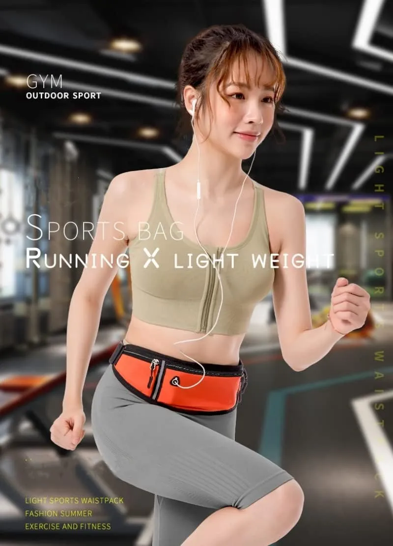 Universal Running belt with Extender, Runner Waist Pack with 3 Pockets, Hiking Travel Camp Running Workout Belt Bag, Reflective No Bounce Black Fanny Pack for Women Men (Orange)