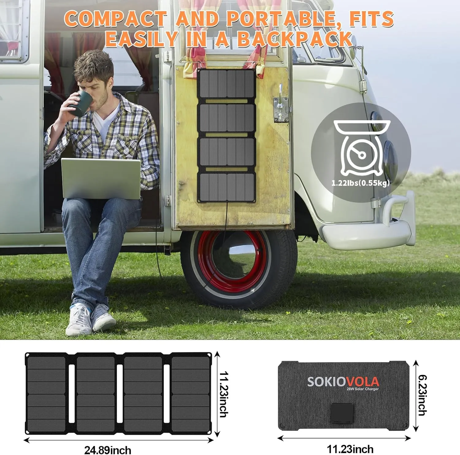 [Upgraded] 28W Portable Solar Panels Foldable Solar Panel USB-A USB-C Ports Solar Panel Portable IP68 Waterproof Solar Phone Charger for Camping