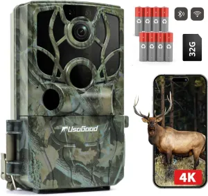 usogood Trail Camera 4K 48MP Game Camera with 8 Batteries 32GB Card,WiFi Bluetooth Connection,Trail Cameras with Night Vison Motion Activated Waterproof for for Deer/Hunting/Wildlife Monitoring