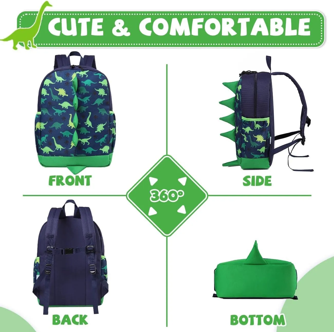VASCHY Dinosaur Toddler Backpack, Cute Little Boys Girls Kids Schoolbag Bookbag w Chest Strap