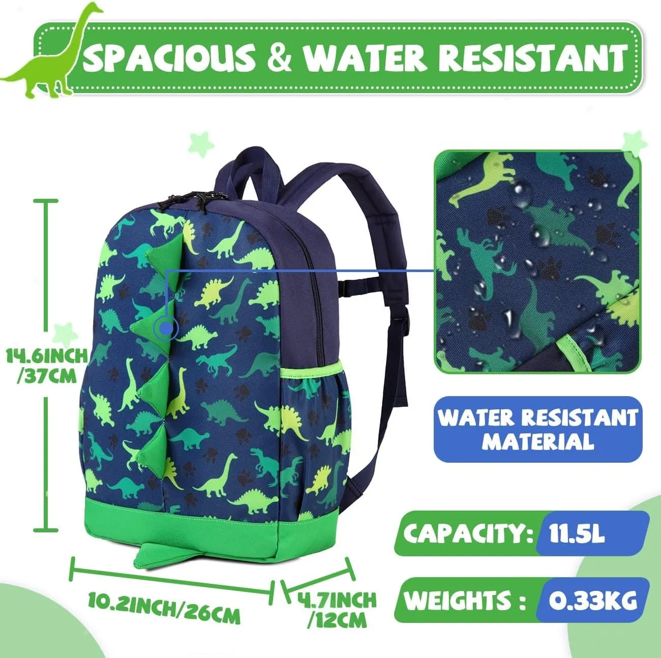 VASCHY Dinosaur Toddler Backpack, Cute Little Boys Girls Kids Schoolbag Bookbag w Chest Strap