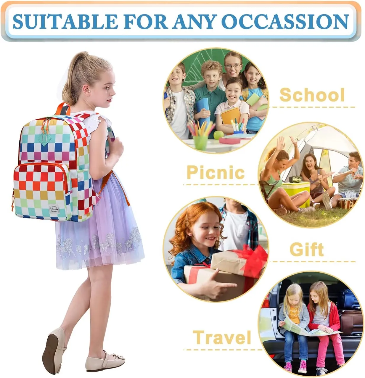VASCHY School Backpack, Ultra Lightweight Travel Backpack for Women Schoolbag Bookbag for Kids Teen Boys Girls Multicolor