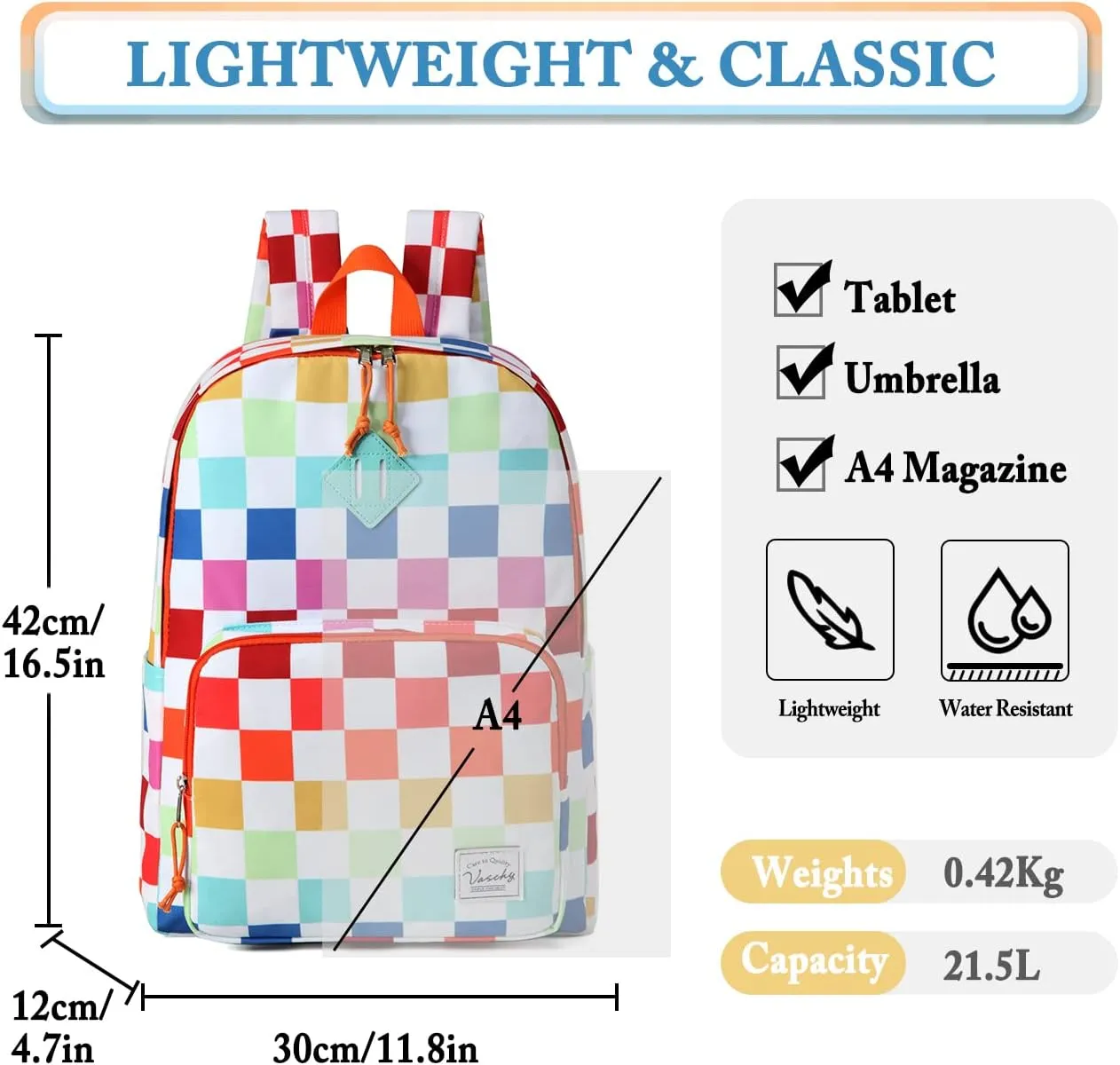 VASCHY School Backpack, Ultra Lightweight Travel Backpack for Women Schoolbag Bookbag for Kids Teen Boys Girls Multicolor