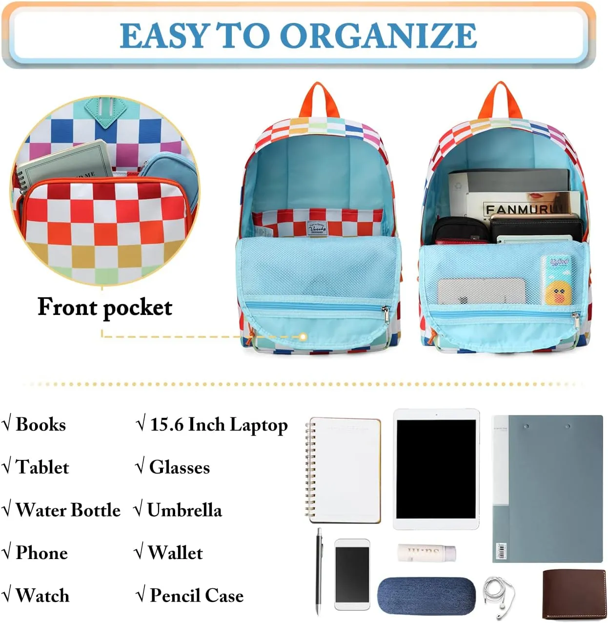 VASCHY School Backpack, Ultra Lightweight Travel Backpack for Women Schoolbag Bookbag for Kids Teen Boys Girls Multicolor