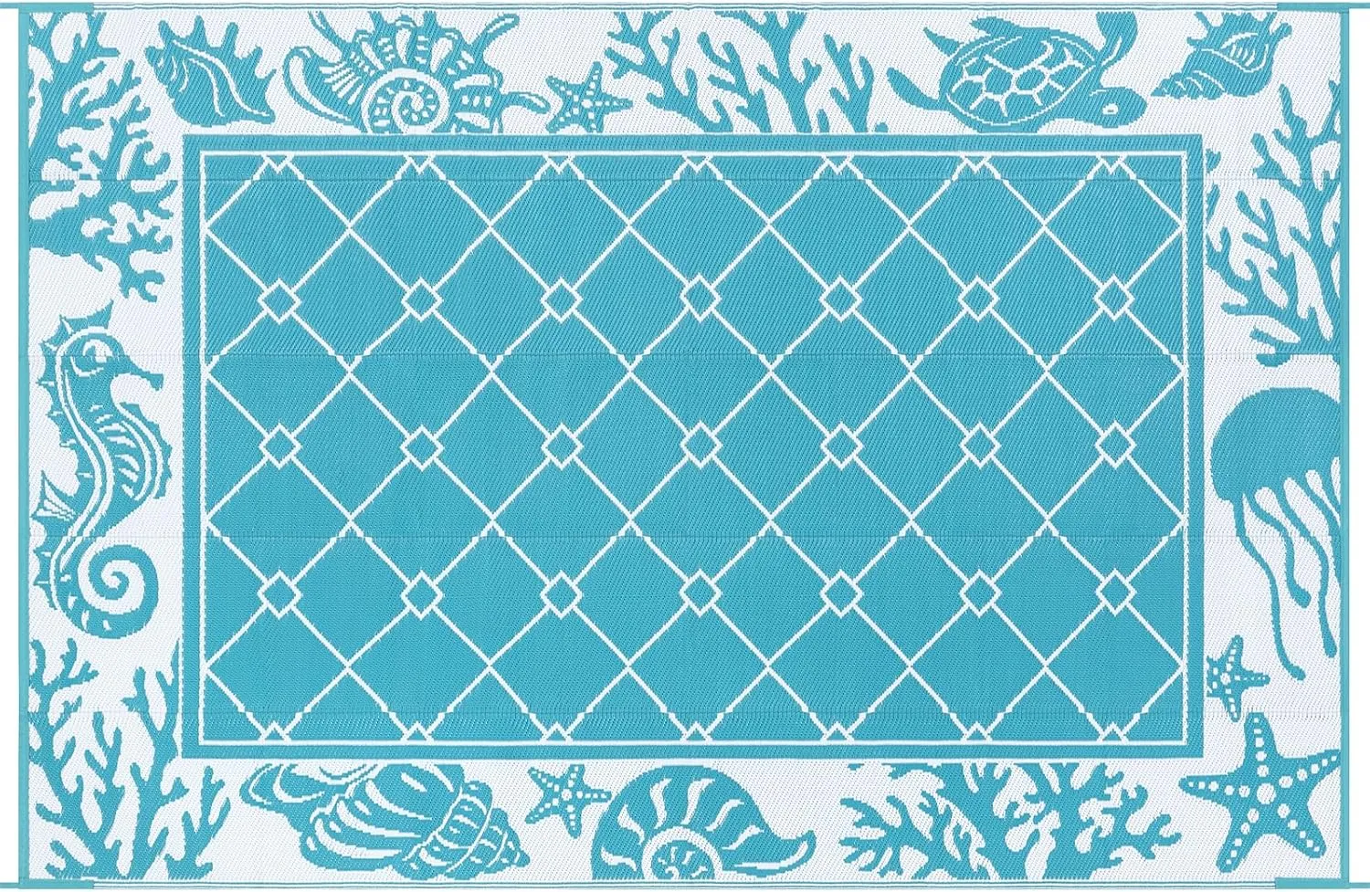 Vaukki Reversible Rugs, Plastic Straw Outdoor Doormat, Fade Resistant Plastic Outdoor Patio Mat, Lightweight Ocean Area Carpet for Patio, RV, Camping, Beach, Deck, Backyard and Picnic (Teal, 6'x9')