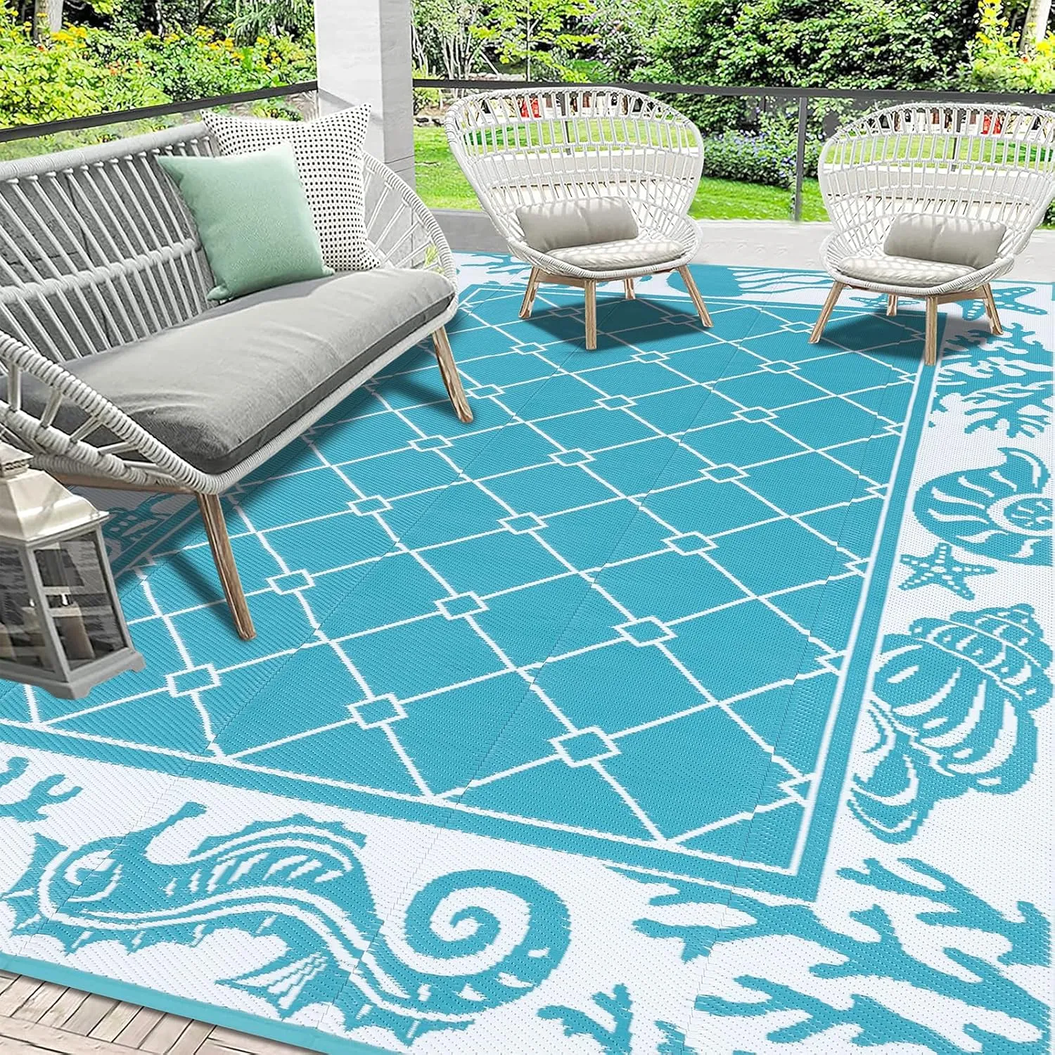 Vaukki Reversible Rugs, Plastic Straw Outdoor Doormat, Fade Resistant Plastic Outdoor Patio Mat, Lightweight Ocean Area Carpet for Patio, RV, Camping, Beach, Deck, Backyard and Picnic (Teal, 6'x9')