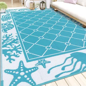 Vaukki Reversible Rugs, Plastic Straw Outdoor Doormat, Fade Resistant Plastic Outdoor Patio Mat, Lightweight Ocean Area Carpet for Patio, RV, Camping, Beach, Deck, Backyard and Picnic (Teal, 6'x9')
