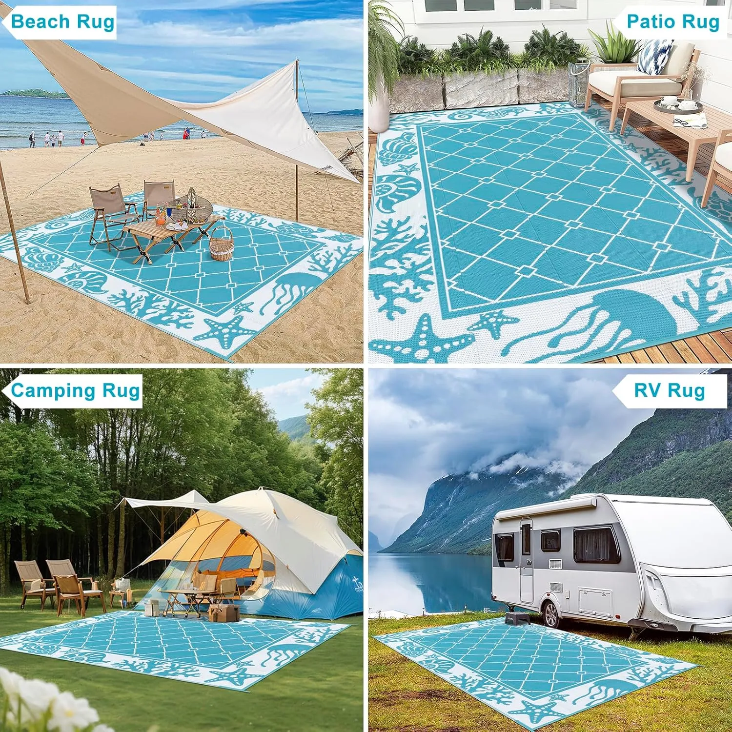 Vaukki Reversible Rugs, Plastic Straw Outdoor Doormat, Fade Resistant Plastic Outdoor Patio Mat, Lightweight Ocean Area Carpet for Patio, RV, Camping, Beach, Deck, Backyard and Picnic (Teal, 6'x9')