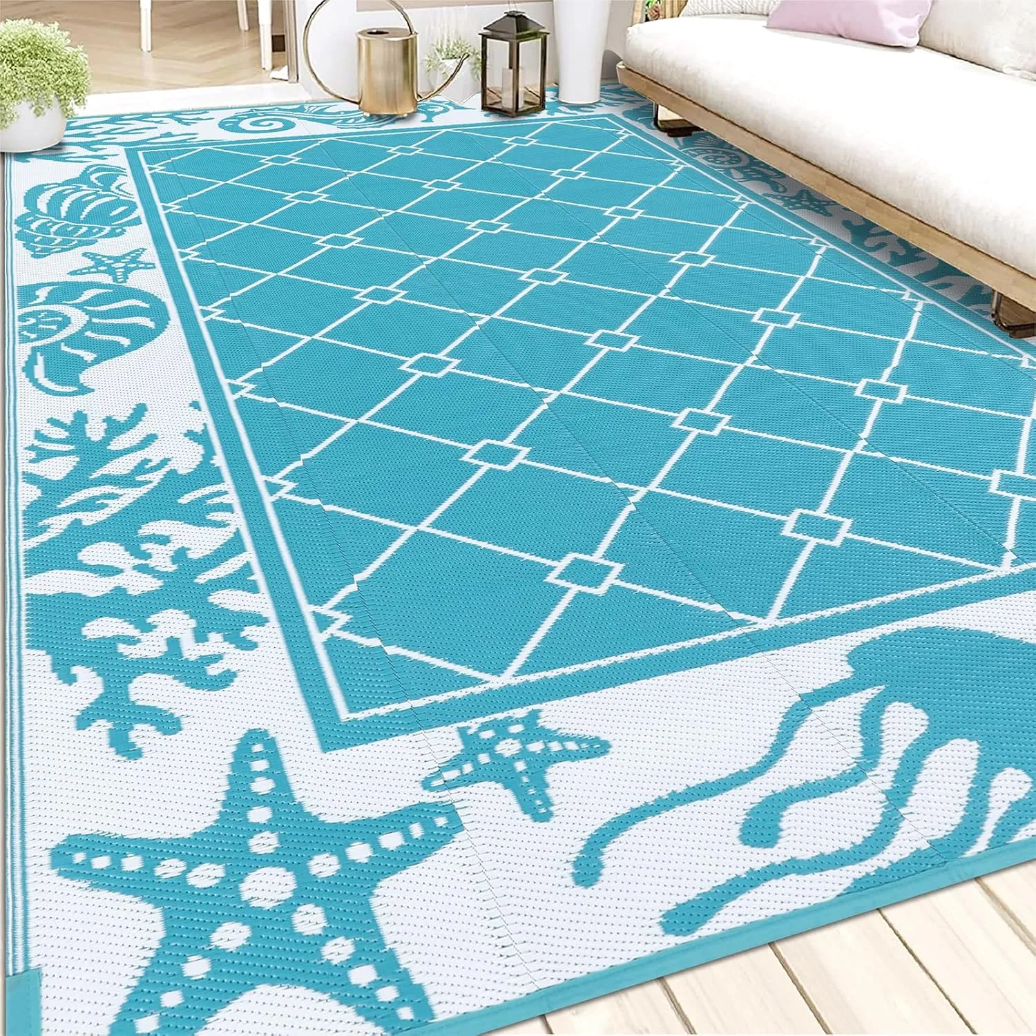 Vaukki Reversible Rugs, Plastic Straw Outdoor Doormat, Fade Resistant Plastic Outdoor Patio Mat, Lightweight Ocean Area Carpet for Patio, RV, Camping, Beach, Deck, Backyard and Picnic (Teal, 6'x9')