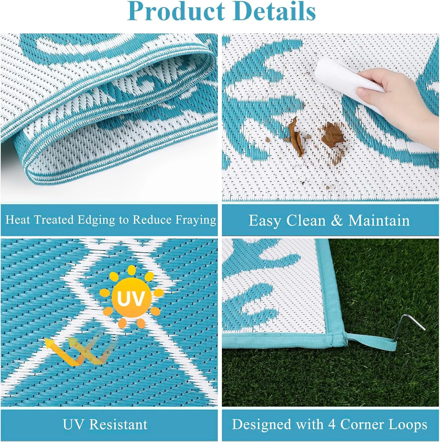 Vaukki Reversible Rugs, Plastic Straw Outdoor Doormat, Fade Resistant Plastic Outdoor Patio Mat, Lightweight Ocean Area Carpet for Patio, RV, Camping, Beach, Deck, Backyard and Picnic (Teal, 6'x9')