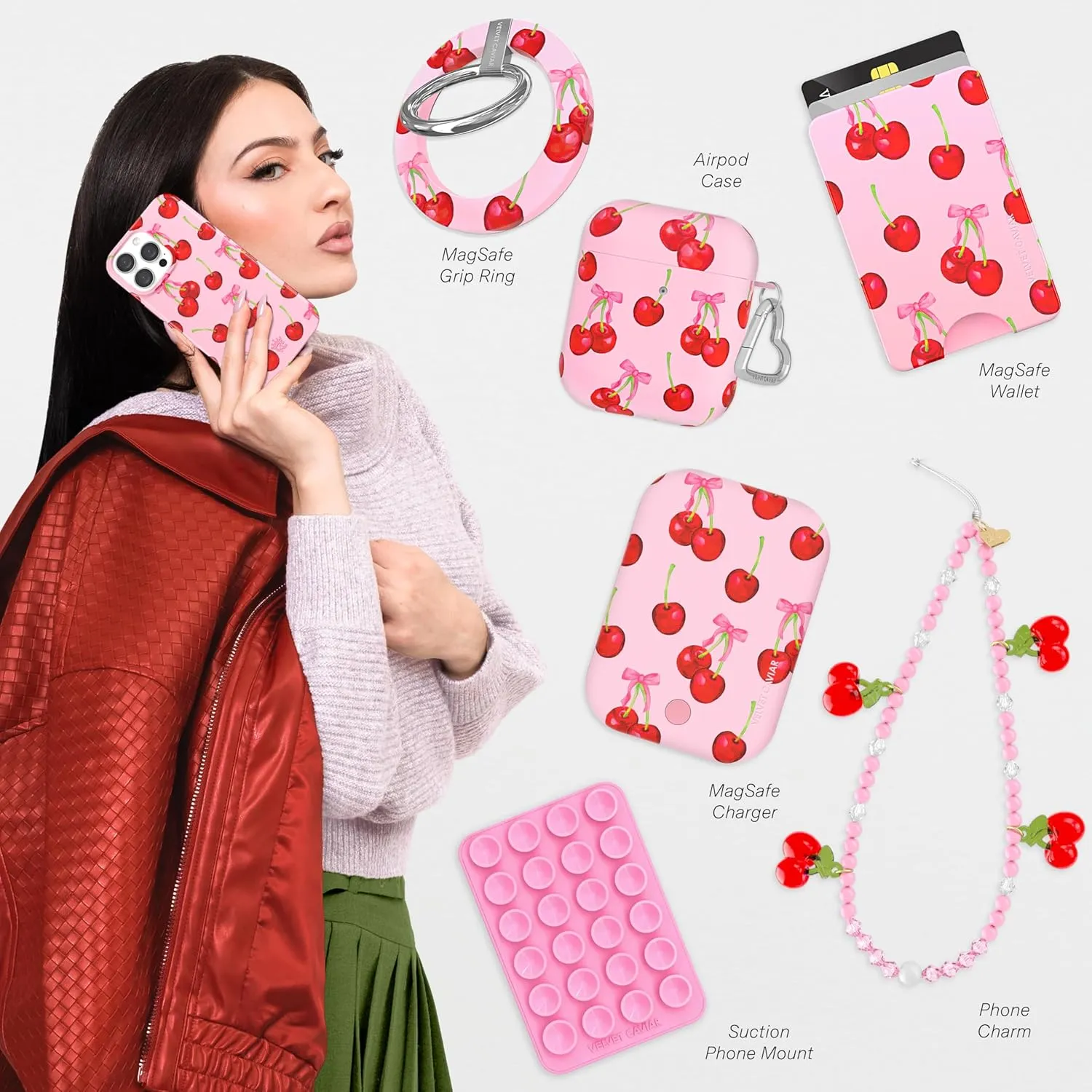 VELVET CAVIAR for iPhone 15 Plus Case - Compatible with MagSafe - 10ft Drop Tested - Pink Bows, Sweet Cherry