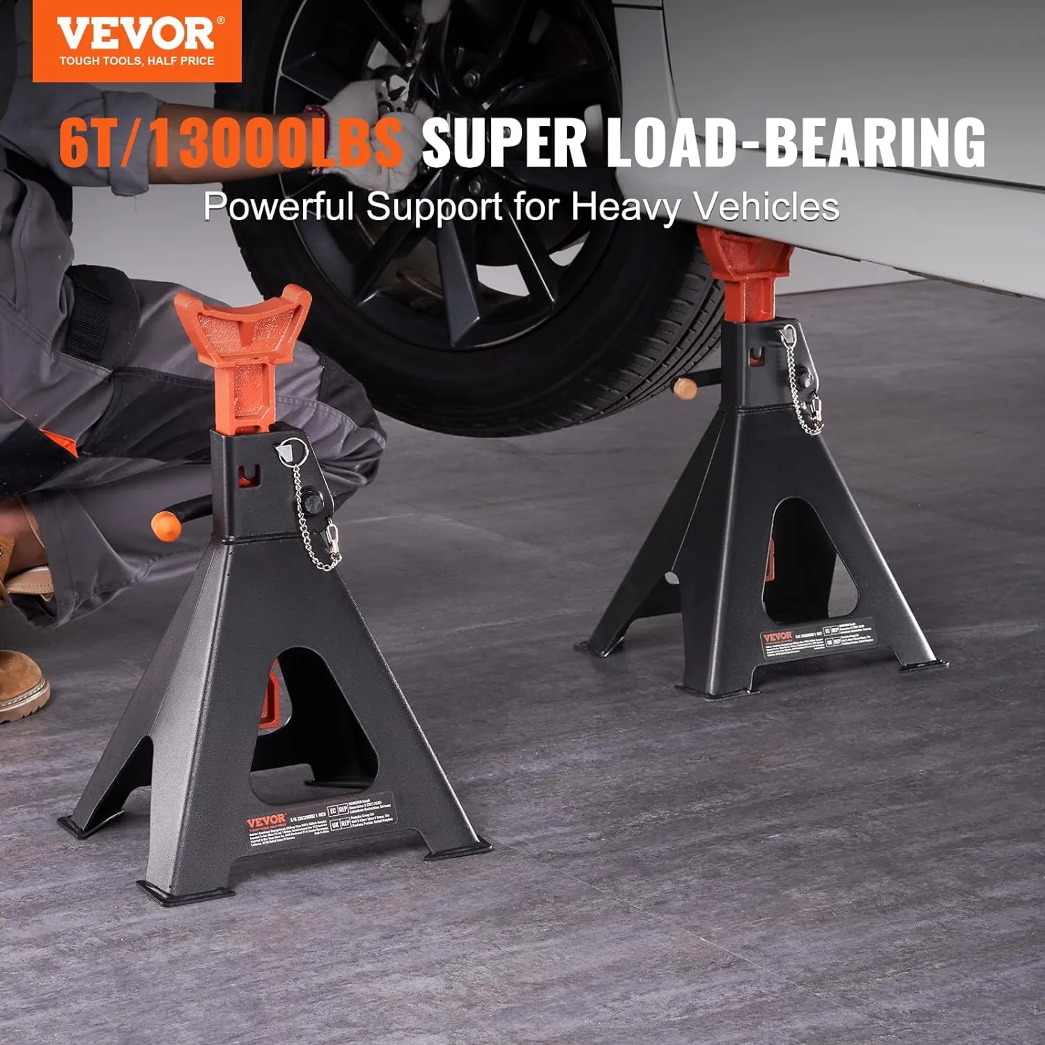 VEVOR Jack Stands, 6 Ton (13,000 lbs) Capacity Car Jack Stands Double Locking, 14.2-23 inch Adjustable Height, for lifting SUV, Pickup Truck, Car and UTV/ATV, Red, 1 Pair
