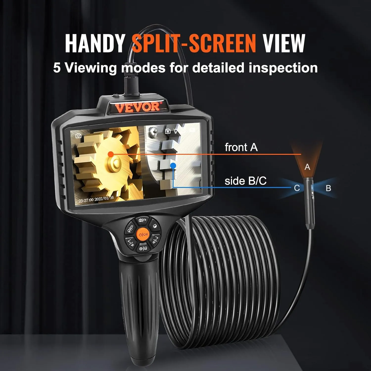 VEVOR Triple Lens Inspection Camera with Light, 5" IPS Screen Industrial Borescope, 8X Zoom 1080P HD Split Screen, 10 LED Lights Scope Camera for Automotive, Plumbing(16.5FT)