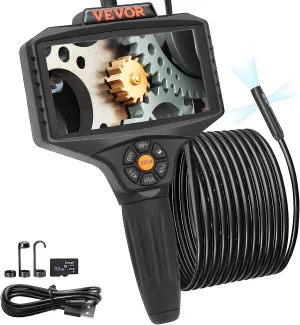 VEVOR Triple Lens Inspection Camera with Light, 5" IPS Screen Industrial Borescope, 8X Zoom 1080P HD Split Screen, 10 LED Lights Scope Camera for Automotive, Plumbing(16.5FT)