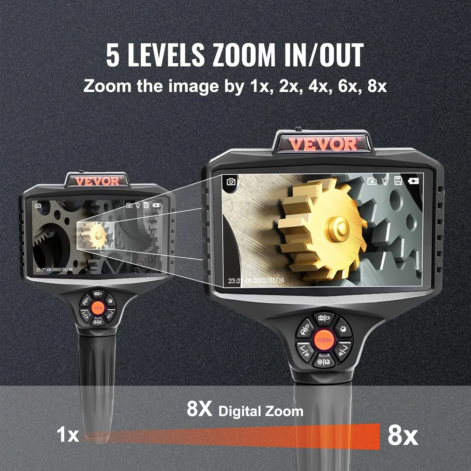 VEVOR Triple Lens Inspection Camera with Light, 5" IPS Screen Industrial Borescope, 8X Zoom 1080P HD Split Screen, 10 LED Lights Scope Camera for Automotive, Plumbing(16.5FT)