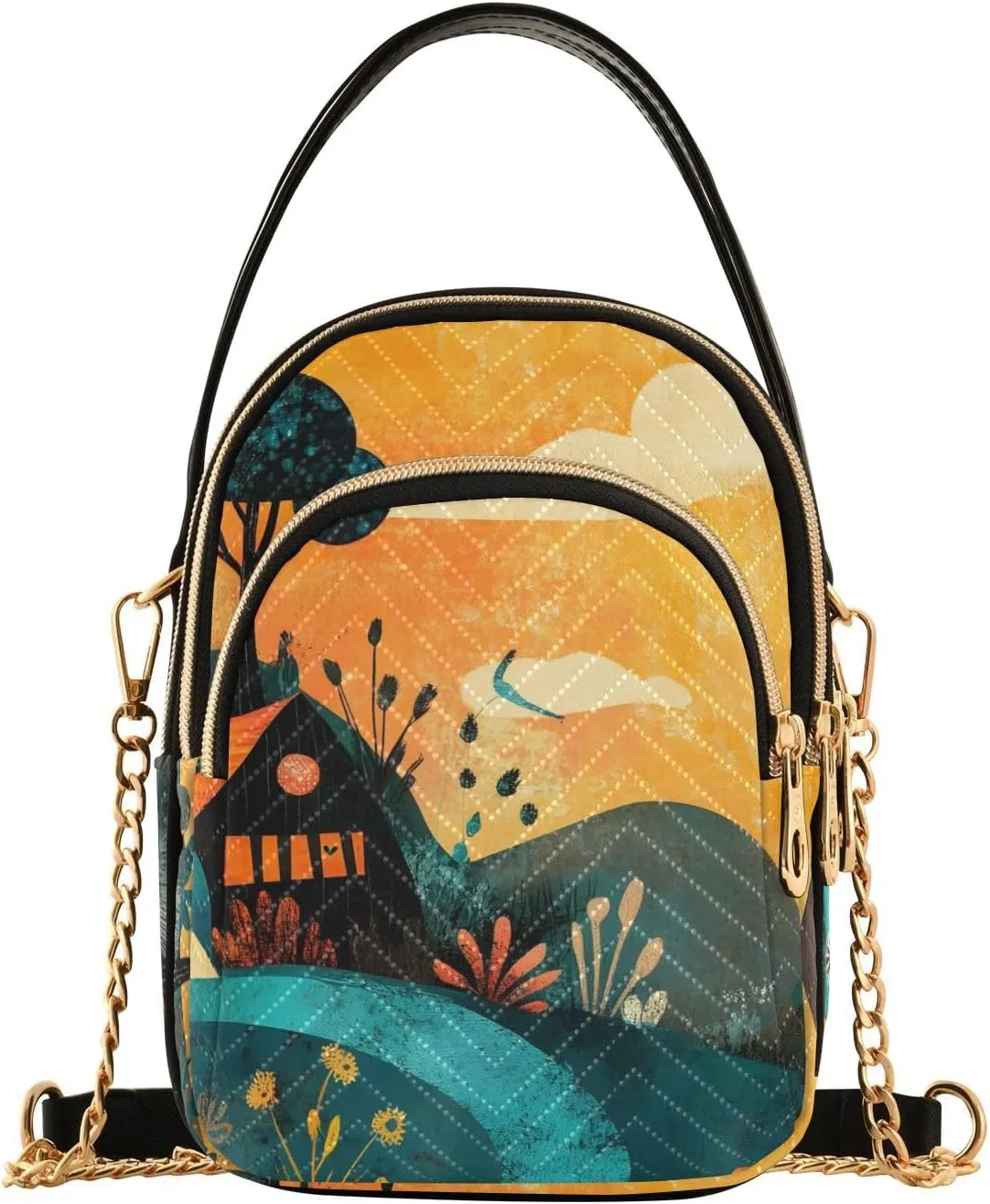 Village Scenery Sling Bag for Women, Small Shoulder Bag Crossbody Bag Purse with Chain Strap Top handle 5.91×3.15×8.27 Inches