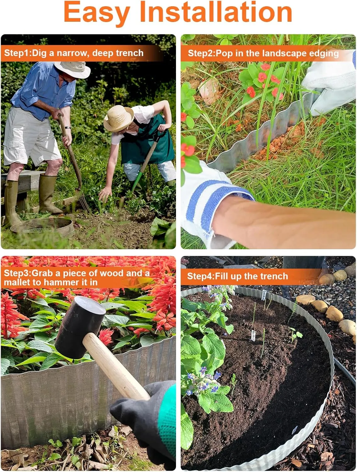 Vinci Garden Landscape Edging Border, 10 Inch x 20 FT Corrugated Sturdy Metal Easy Installation Safe Hemmed Lawn Garden Border Edges for DIY Flower Beds, Pathways and Patio Design (Silver)