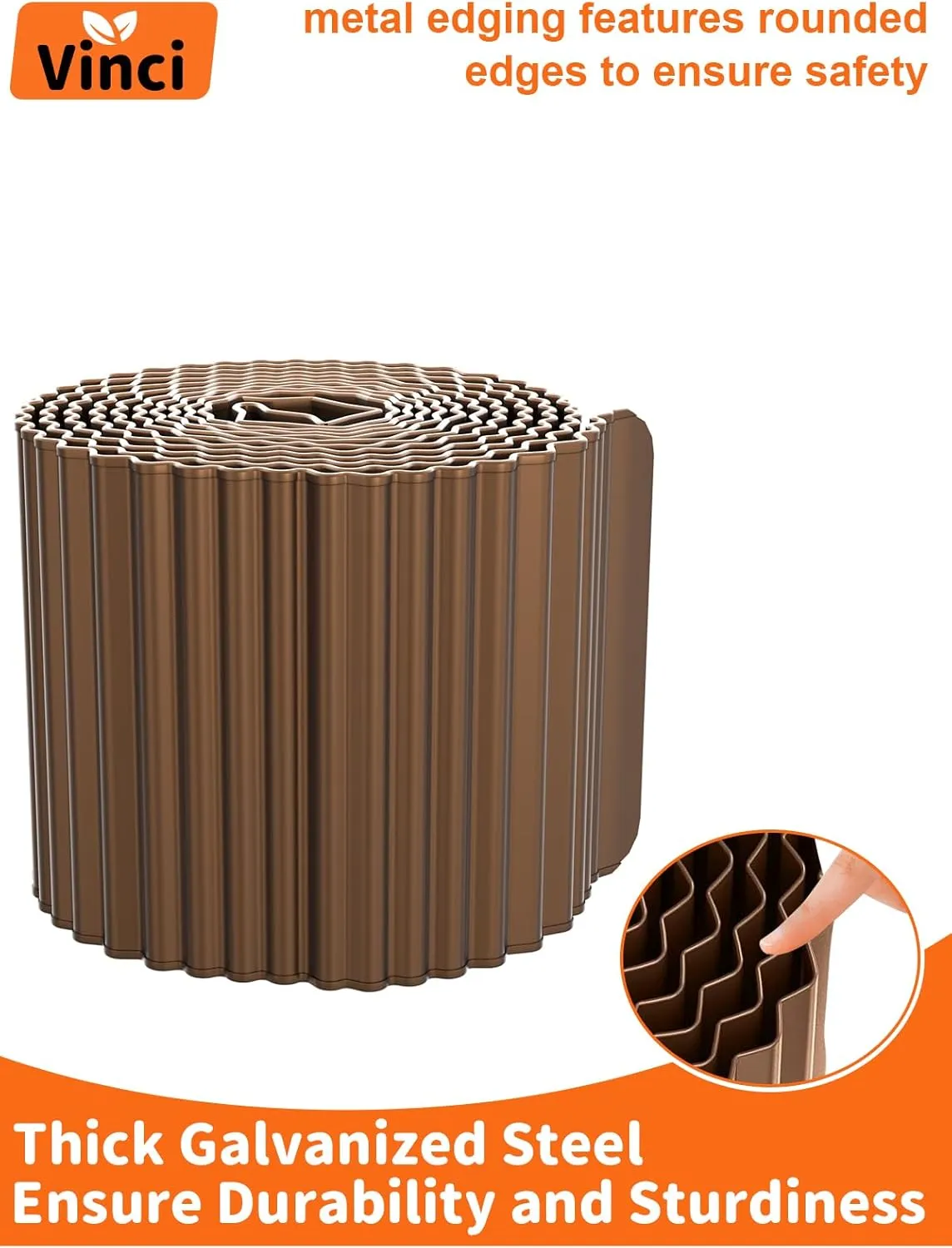 Vinci Garden Landscape Edging Border, 4 Inch x 10 FT Corrugated Sturdy Metal Easy Installation Safe Hemmed Lawn Garden Border Edges for DIY Flower Beds, Pathways and Patio Design (Brown)