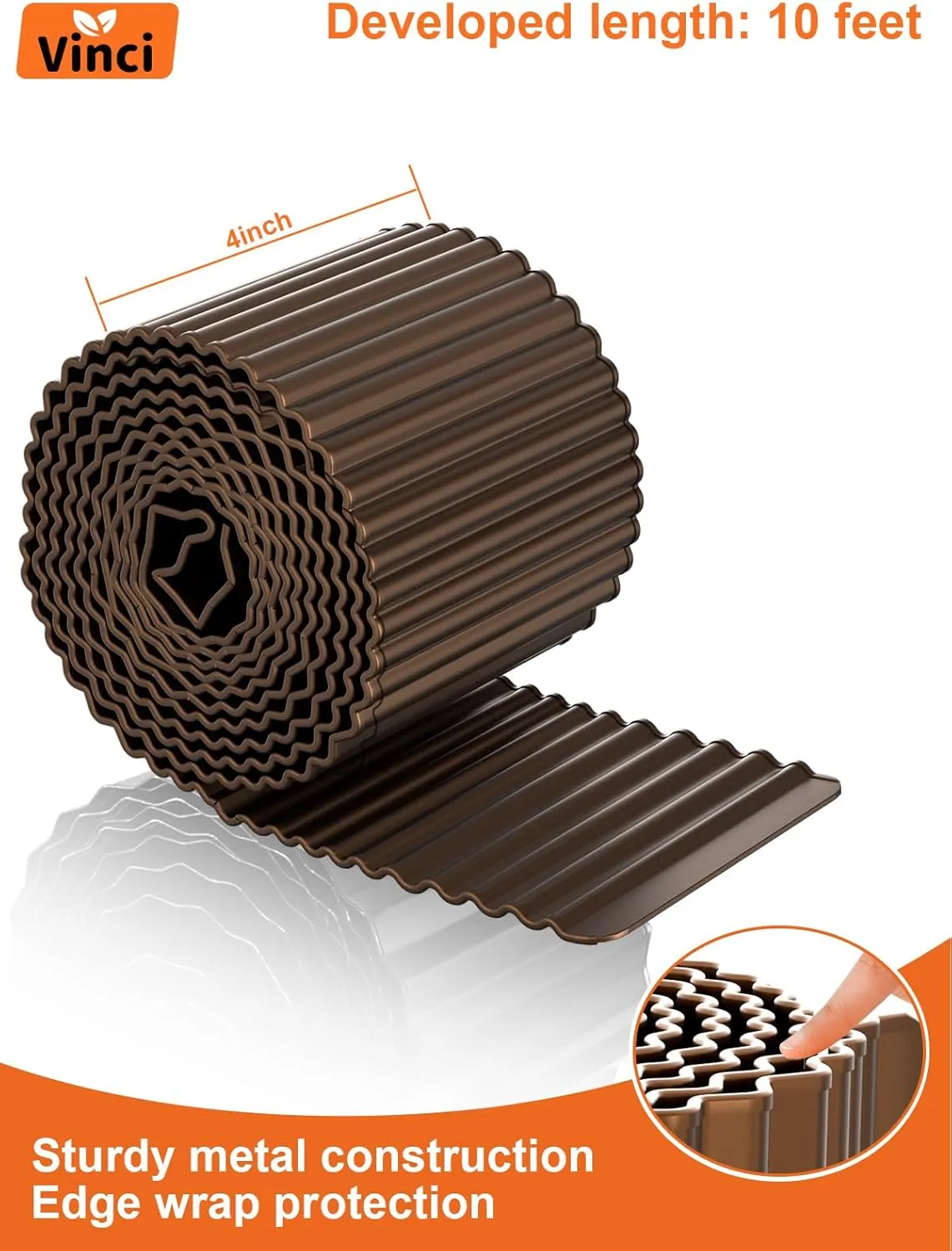 Vinci Garden Landscape Edging Border, 4 Inch x 10 FT Corrugated Sturdy Metal Easy Installation Safe Hemmed Lawn Garden Border Edges for DIY Flower Beds, Pathways and Patio Design (Brown)
