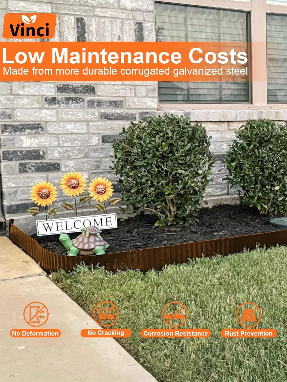 Vinci Garden Landscape Edging Border, 4 Inch x 10 FT Corrugated Sturdy Metal Easy Installation Safe Hemmed Lawn Garden Border Edges for DIY Flower Beds, Pathways and Patio Design (Brown)