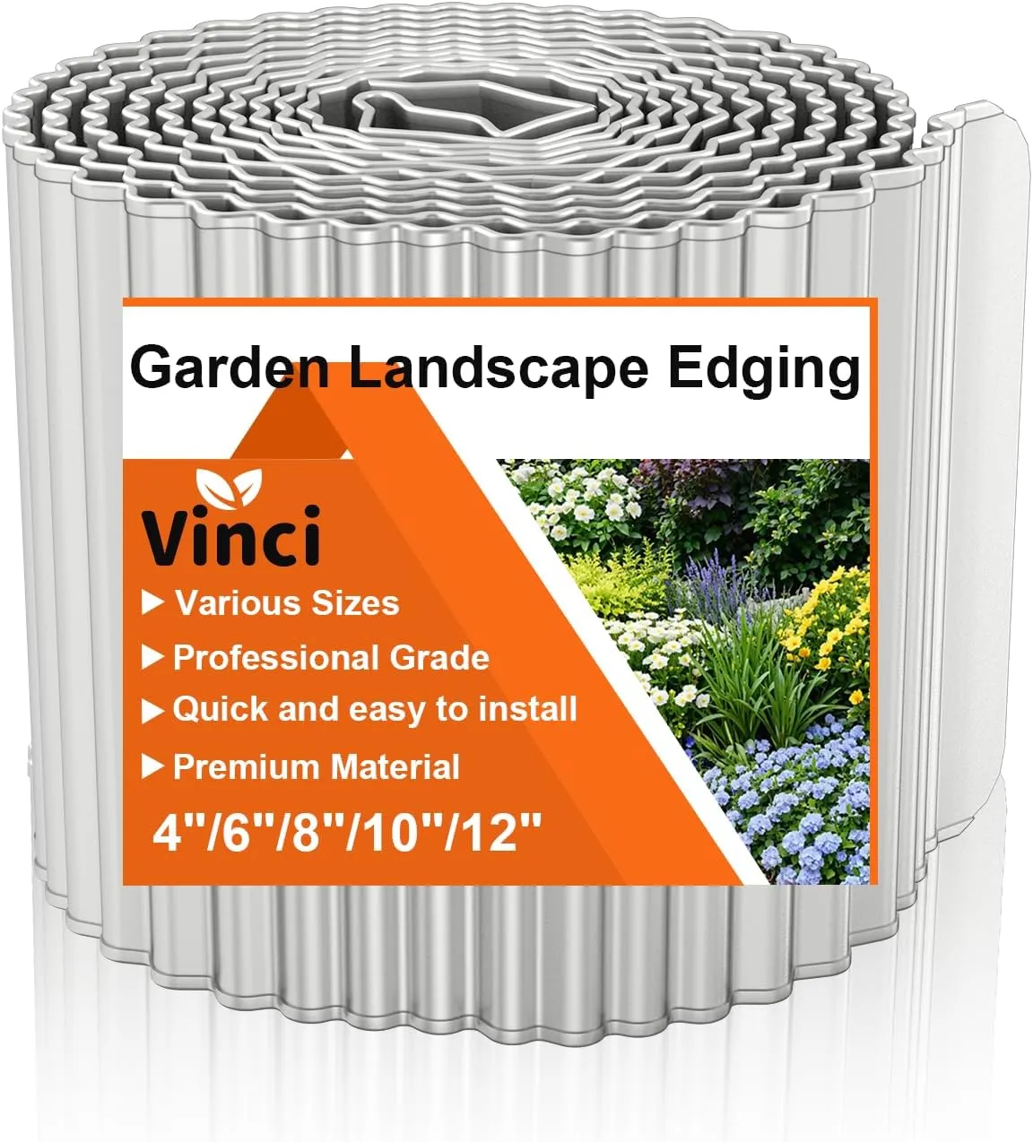 Vinci Garden Landscape Edging Border, 8 Inch x 10 FT Corrugated Sturdy Metal Easy Installation Safe Hemmed Lawn Garden Border Edges for DIY Flower Beds, Pathways and Patio Design (Silver)