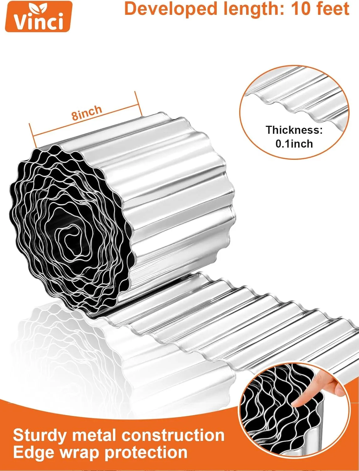 Vinci Garden Landscape Edging Border, 8 Inch x 10 FT Corrugated Sturdy Metal Easy Installation Safe Hemmed Lawn Garden Border Edges for DIY Flower Beds, Pathways and Patio Design (Silver)