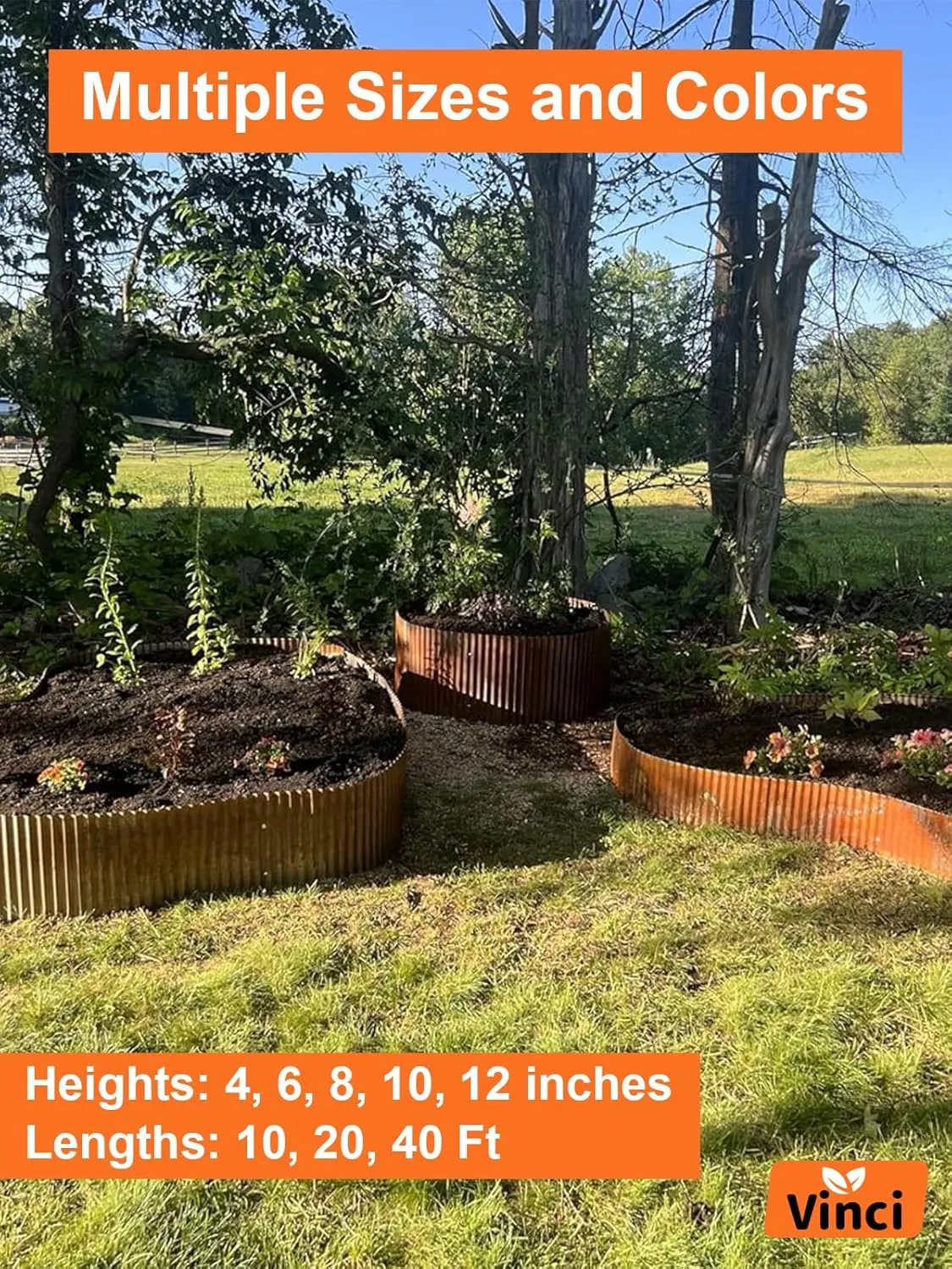Vinci Garden Landscape Edging Border, 8 Inch x 10 FT Corrugated Sturdy Metal Easy Installation Safe Hemmed Lawn Garden Border Edges for DIY Flower Beds,Pathways and Patio Design (Rusted)