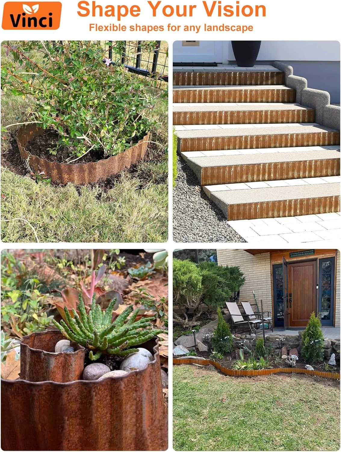 Vinci Garden Landscape Edging Border, 8 Inch x 10 FT Corrugated Sturdy Metal Easy Installation Safe Hemmed Lawn Garden Border Edges for DIY Flower Beds,Pathways and Patio Design (Rusted)